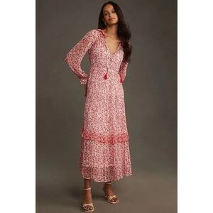 Anthropologie Marais Printed Chiffon Maxi Dress Womens SP Red Floral Print Boho